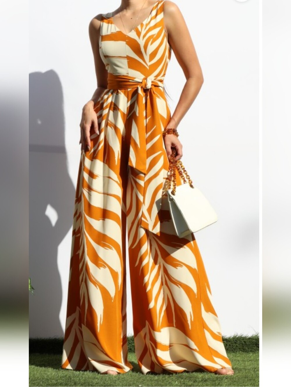 Tropical Leaf Print Wide-Leg Jumpsuit Sleeveless in Mustard & Cream NWT